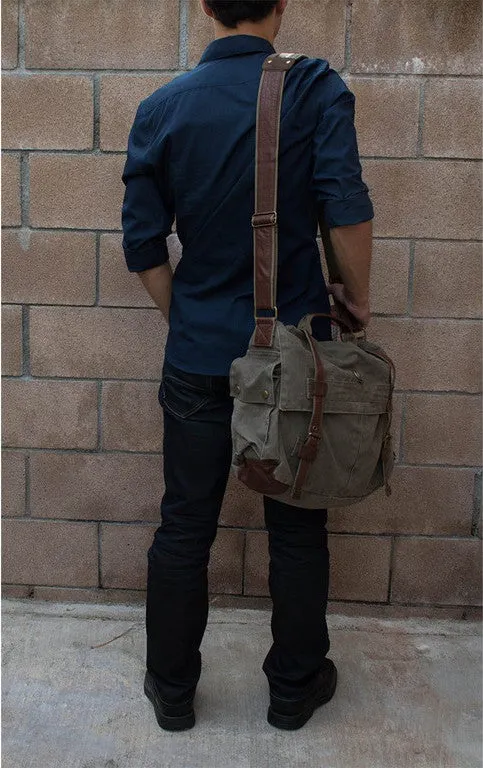 17" Laptop Army Green Leather & Canvas Messenger Bag