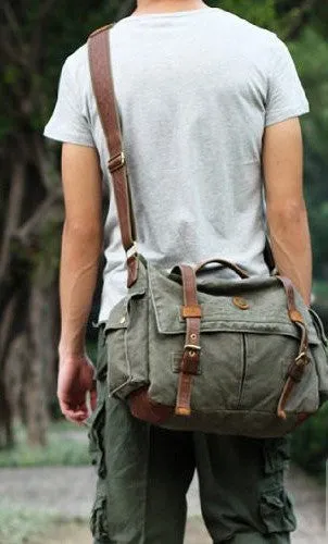 17" Laptop Army Green Leather & Canvas Messenger Bag