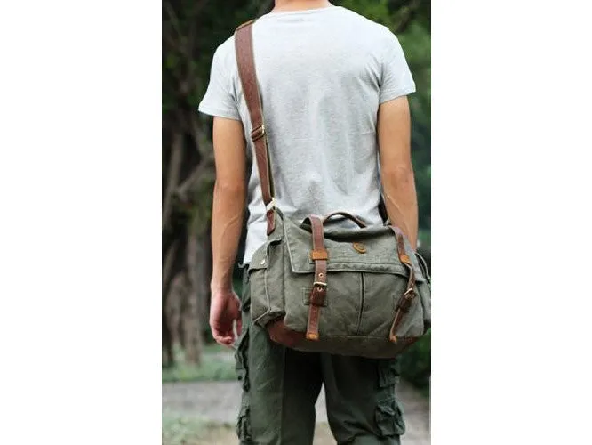 17" Laptop Army Green Leather & Canvas Messenger Bag