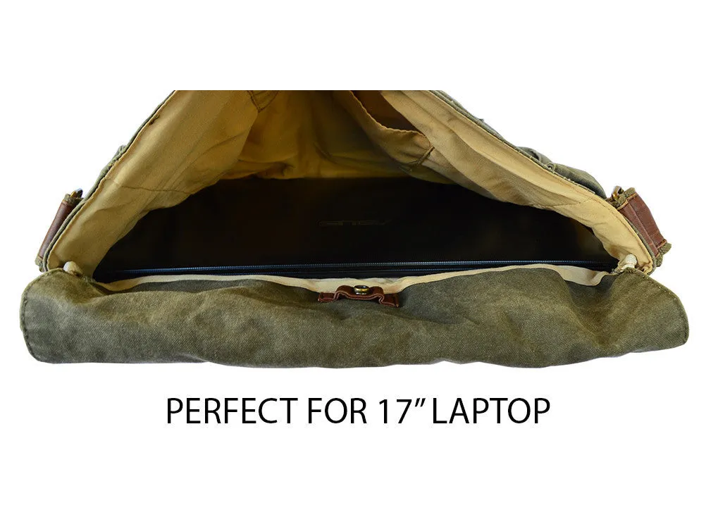 17" Laptop Army Green Leather & Canvas Messenger Bag