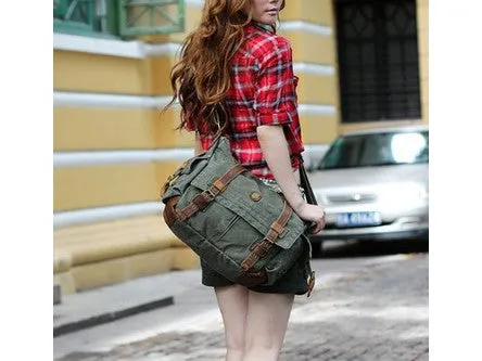 17" Laptop Army Green Leather & Canvas Messenger Bag