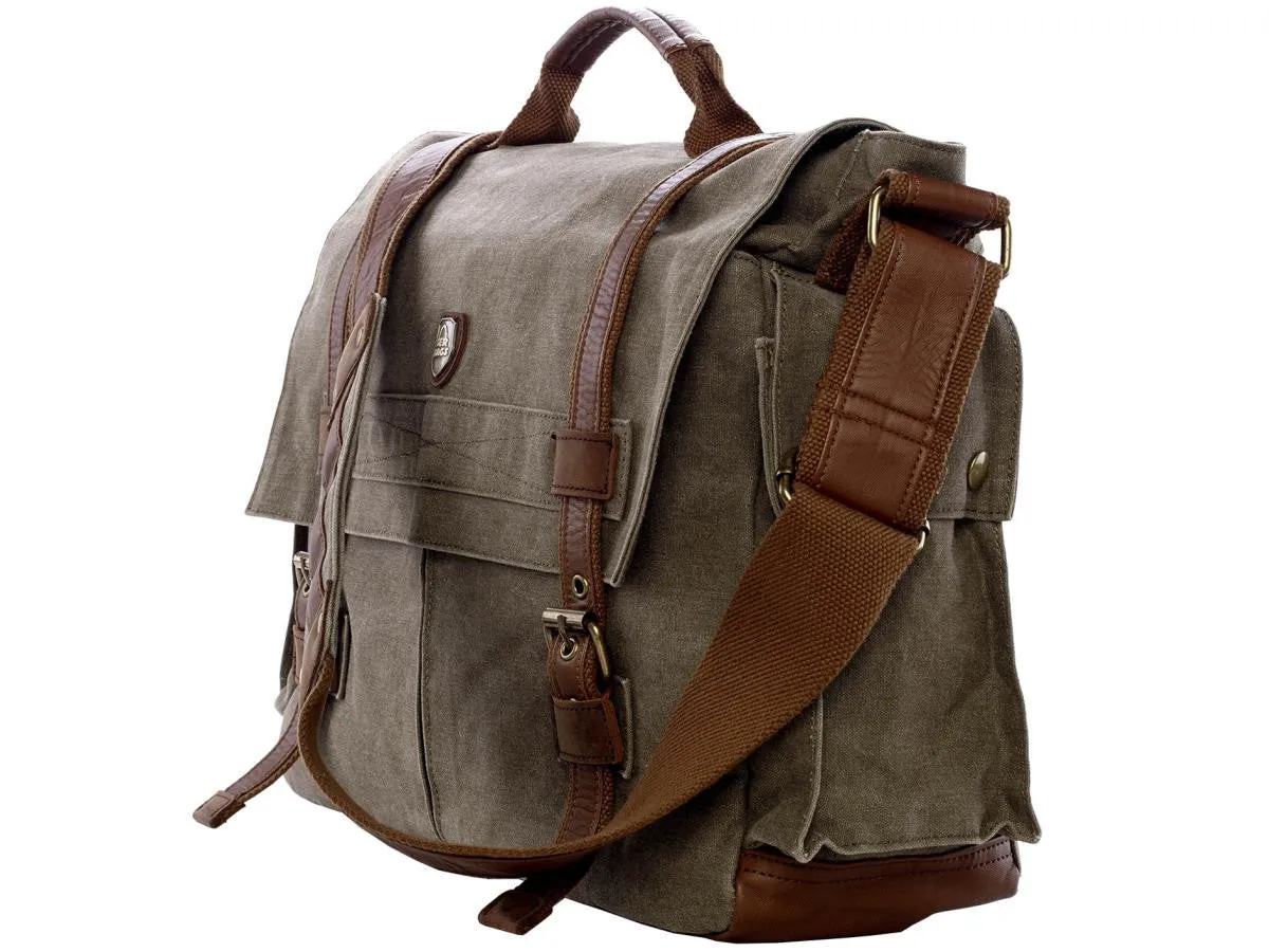 17" Laptop Army Green Leather & Canvas Messenger Bag