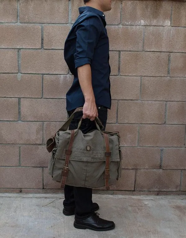 17" Laptop Army Green Leather & Canvas Messenger Bag