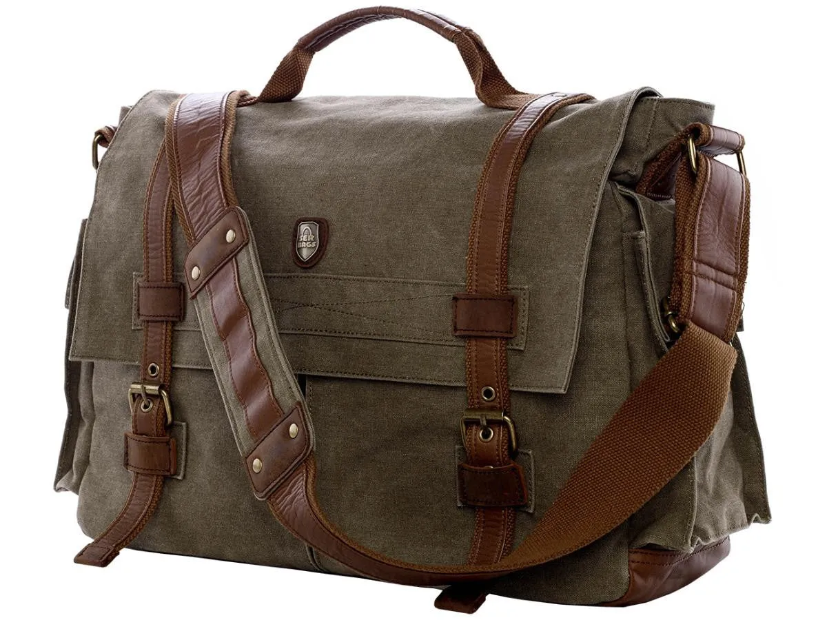 17" Laptop Army Green Leather & Canvas Messenger Bag