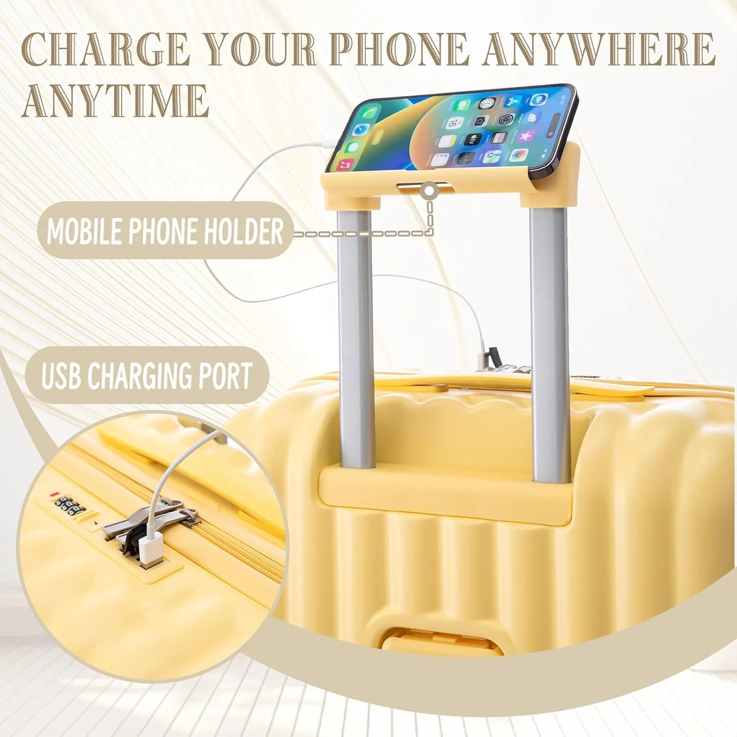 3-Piece Hardshell Luggage Sets with Charging Ports & Hook, Expandable Suitcase Set with Cup & Phone Holder, Luggage Sets Hardside Spinner Suitcases with Silent Wheels for Travel (yellow)