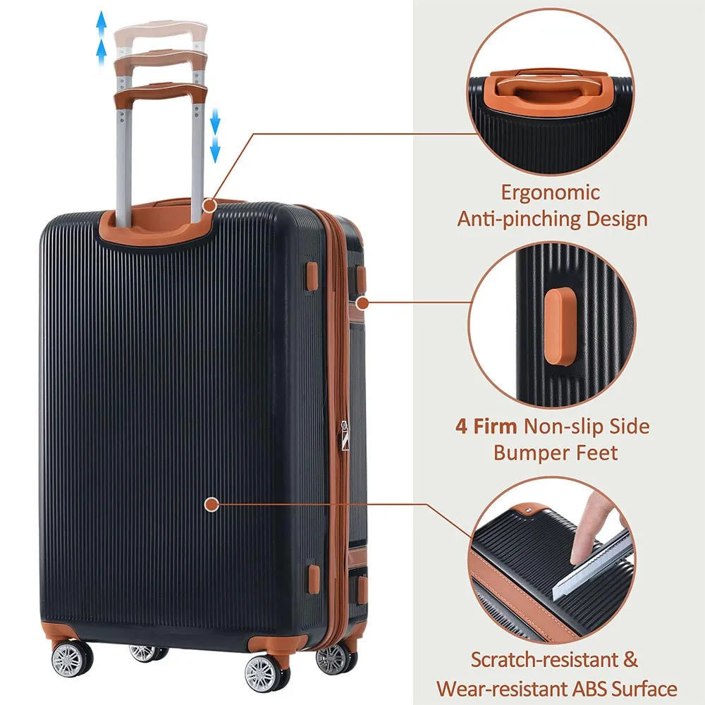 3 Piece Lightweight Hard-shell Luggage Sets double spinner 8 wheels Suitcase with TSA Lock - Black
