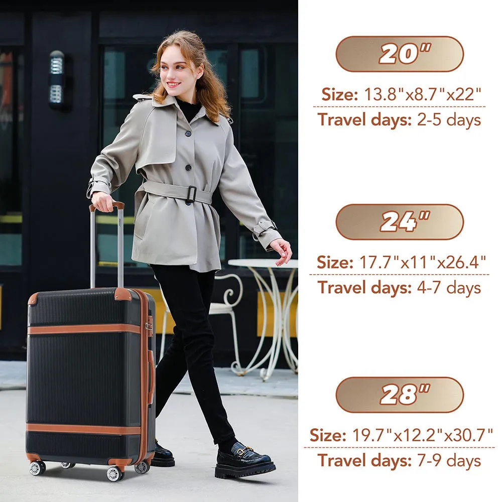 3 Piece Lightweight Hard-shell Luggage Sets double spinner 8 wheels Suitcase with TSA Lock - Black