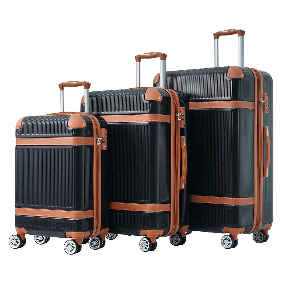 3 Piece Lightweight Hard-shell Luggage Sets double spinner 8 wheels Suitcase with TSA Lock - Black