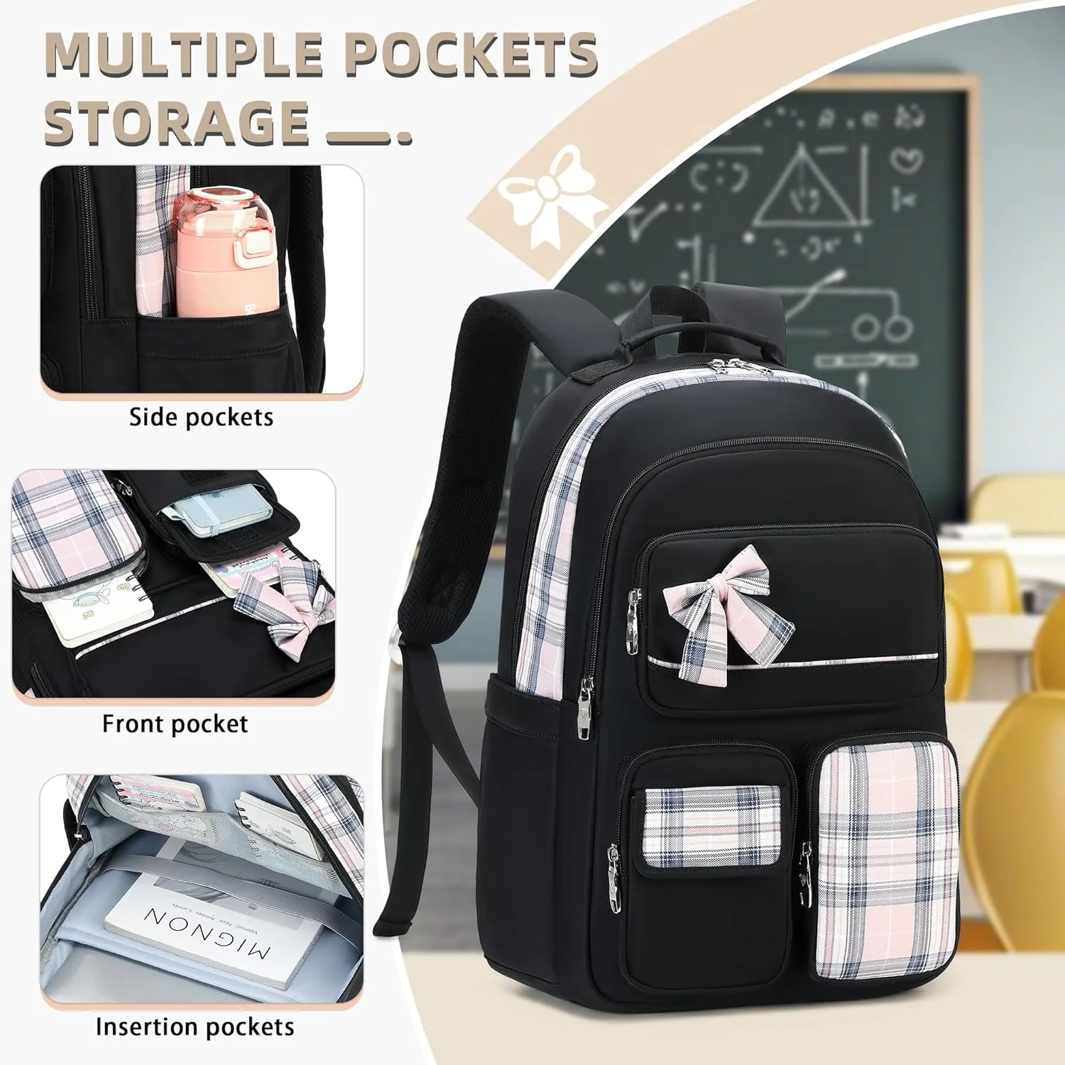 Backpack for Girls,School Backpacks for Teen,Cute College Bags for Women Students Large Bookbag 15.6 Inch Laptop Bag Back Pack Kids Kindergarten Elementary Casual Travel Daypacks Black