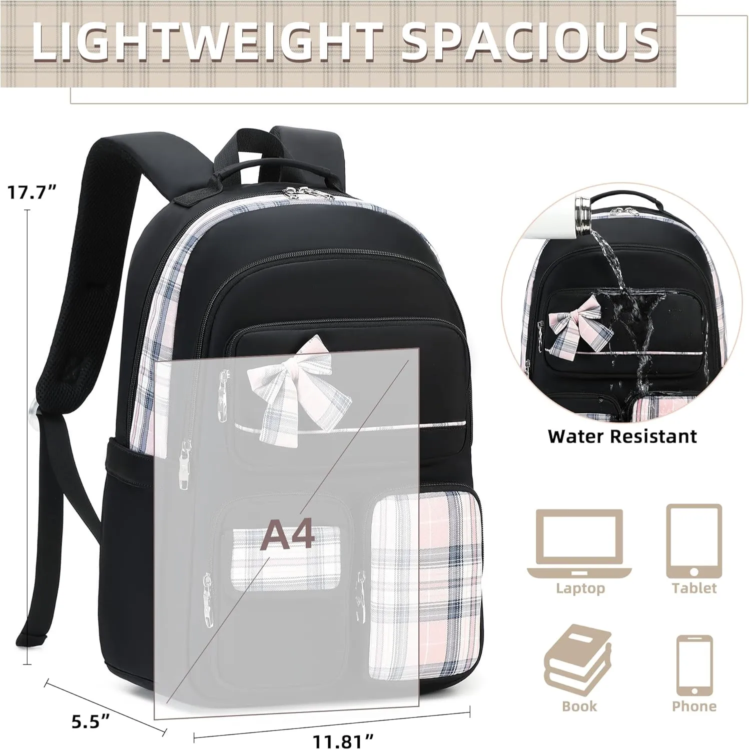 Backpack for Girls,School Backpacks for Teen,Cute College Bags for Women Students Large Bookbag 15.6 Inch Laptop Bag Back Pack Kids Kindergarten Elementary Casual Travel Daypacks Black