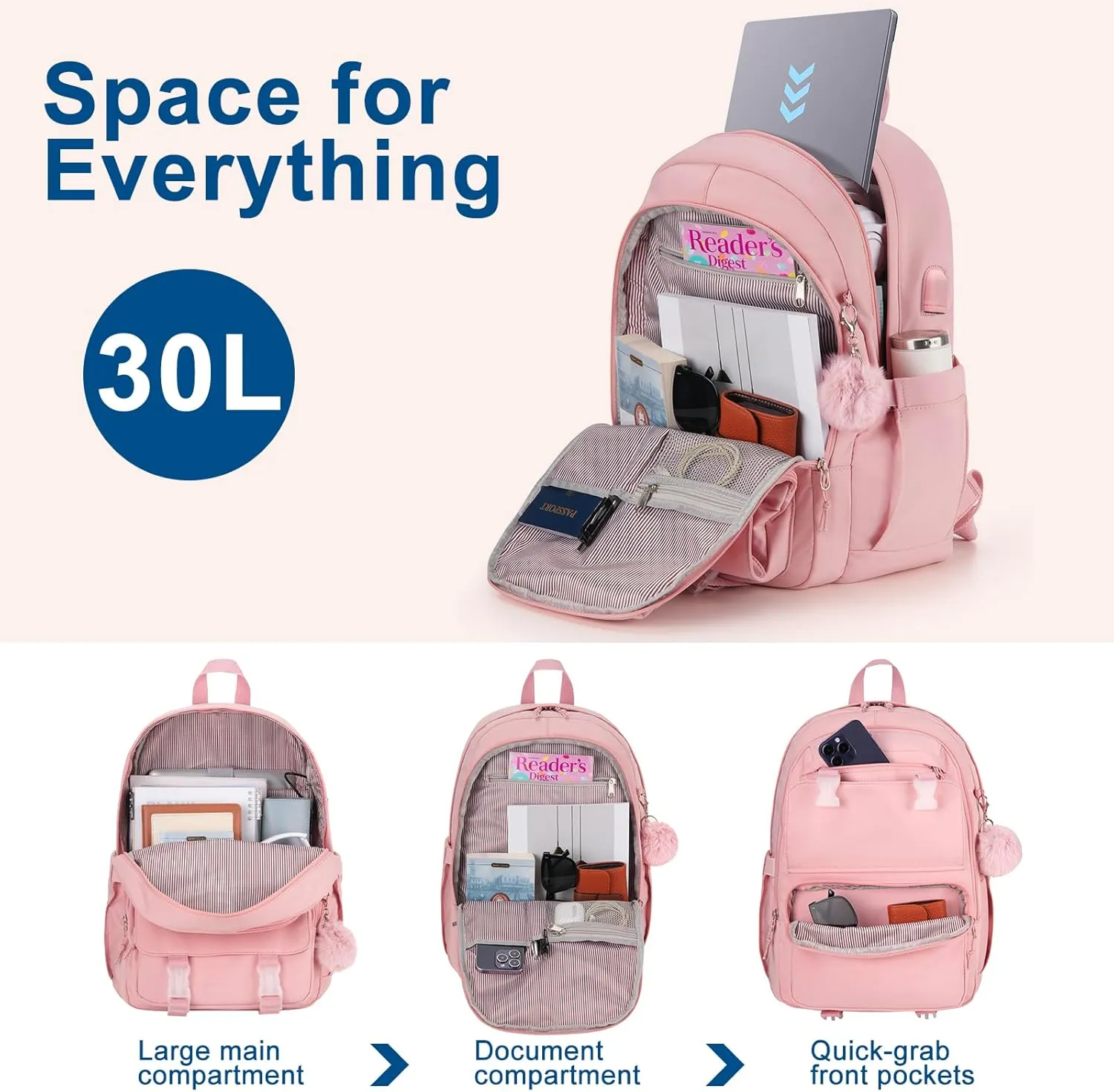 Backpacks for Girls, 15.6 Inch School Bag Cute Waterproof Laptop Bookbag Large College Backpack for Teen Women Students Anti Theft Travel Daypack, Pink