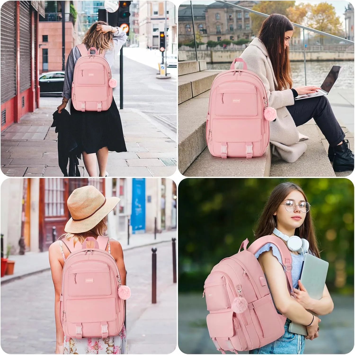 Backpacks for Girls, 15.6 Inch School Bag Cute Waterproof Laptop Bookbag Large College Backpack for Teen Women Students Anti Theft Travel Daypack, Pink