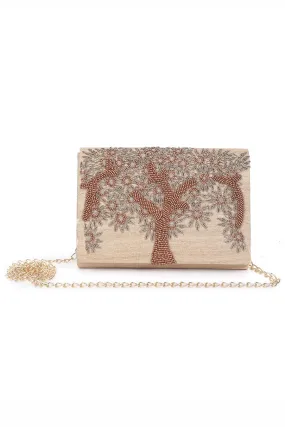 Beige Tree Hand-Embroidered Clutch