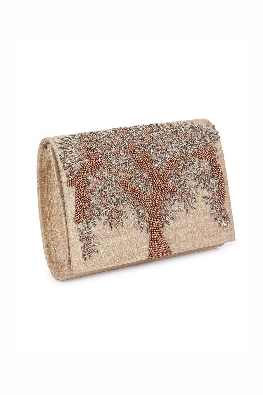 Beige Tree Hand-Embroidered Clutch