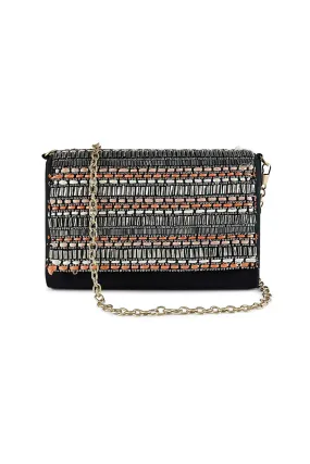 Black Sheen Hand-Embroidered Clutch