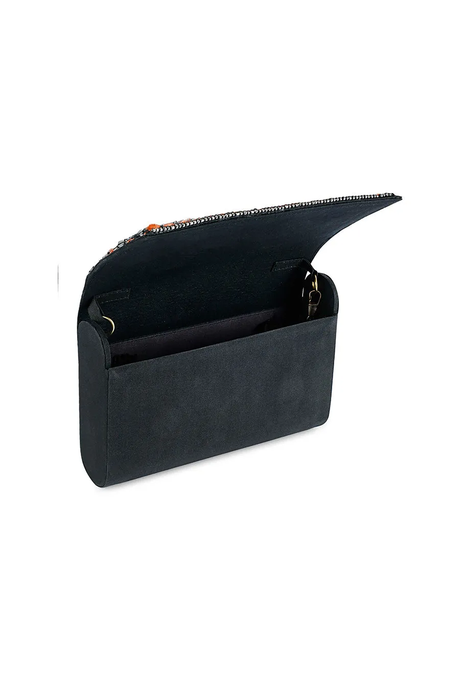 Black Sheen Hand-Embroidered Clutch