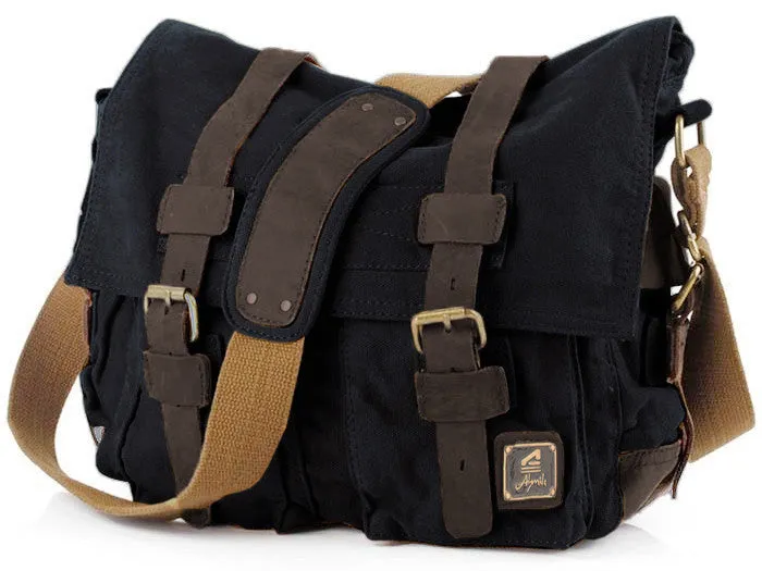 Black Vintage Military Bag with Leather Accents