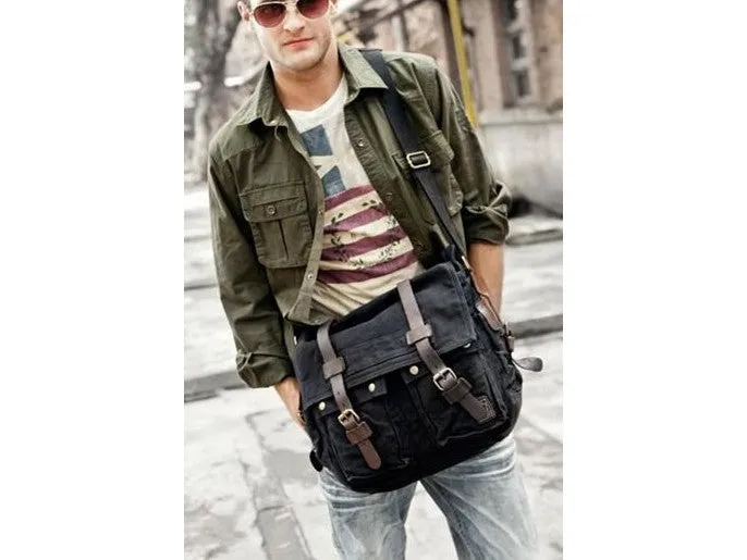 Black Vintage Military Bag with Leather Accents