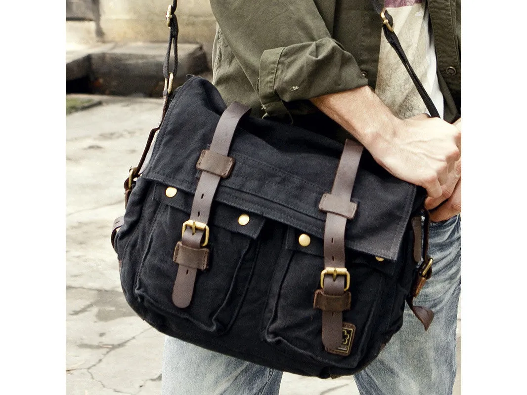 Black Vintage Military Bag with Leather Accents