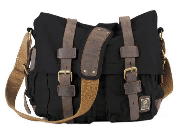 Black Vintage Military Bag with Leather Accents