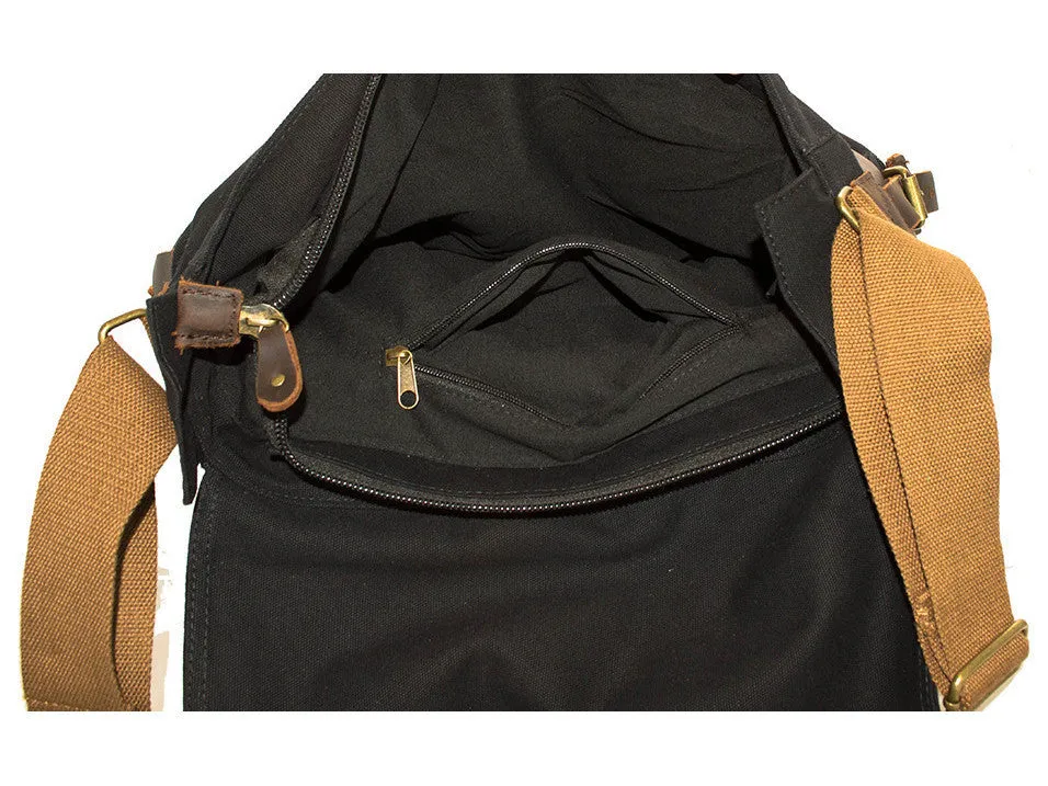 Black Vintage Military Bag with Leather Accents