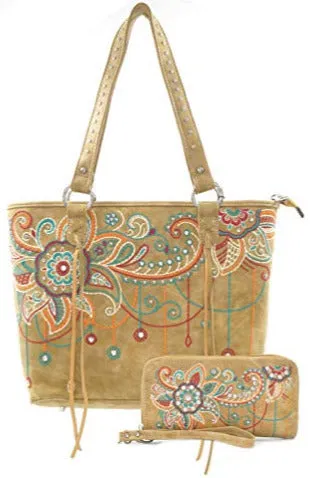 Bling Wing Embroidered Tote and Wallet Set - Brown