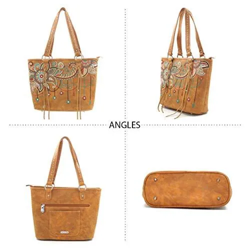 Bling Wing Embroidered Tote and Wallet Set - Brown