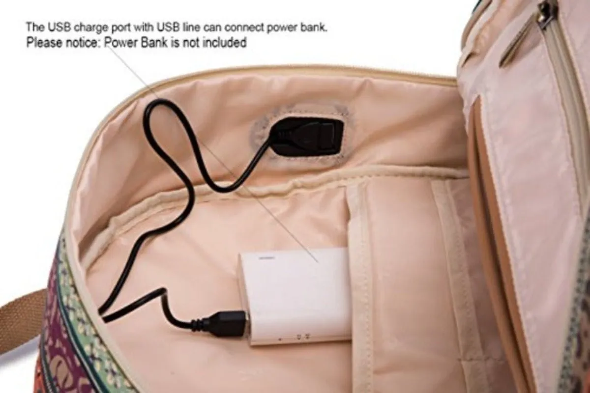 Bohemian Water Resistant Cushion Straps USB Port Laptop Backpack