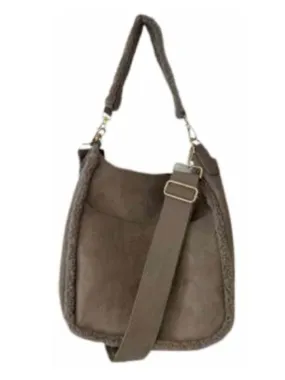 Classic Suede Mushroom Messenger w/Sherpa Trim & 2 Straps
