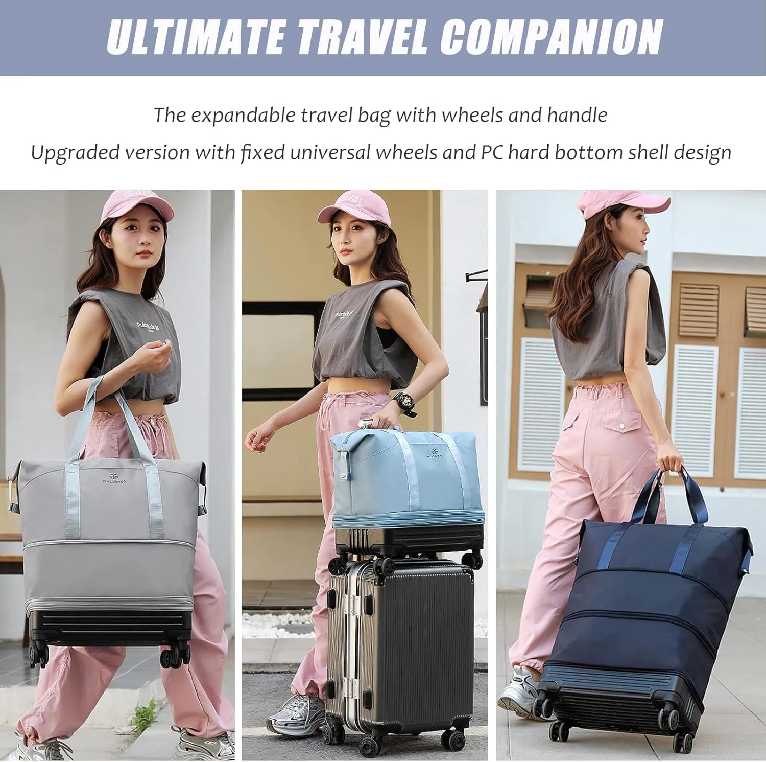 Duffle Bag with Wheels,Foldable Duffle Bag for Travel,Large Suitcases with Wheels,Foldable Travel Bag,Expandable Luggage,Carry on Luggage for Women Men (Gray)