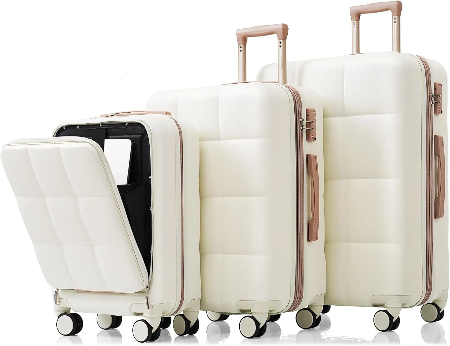 Durable 3-Piece Luggage Set with USB Port, Front Opening Design, Spinner Wheels, and Cup Holder, White