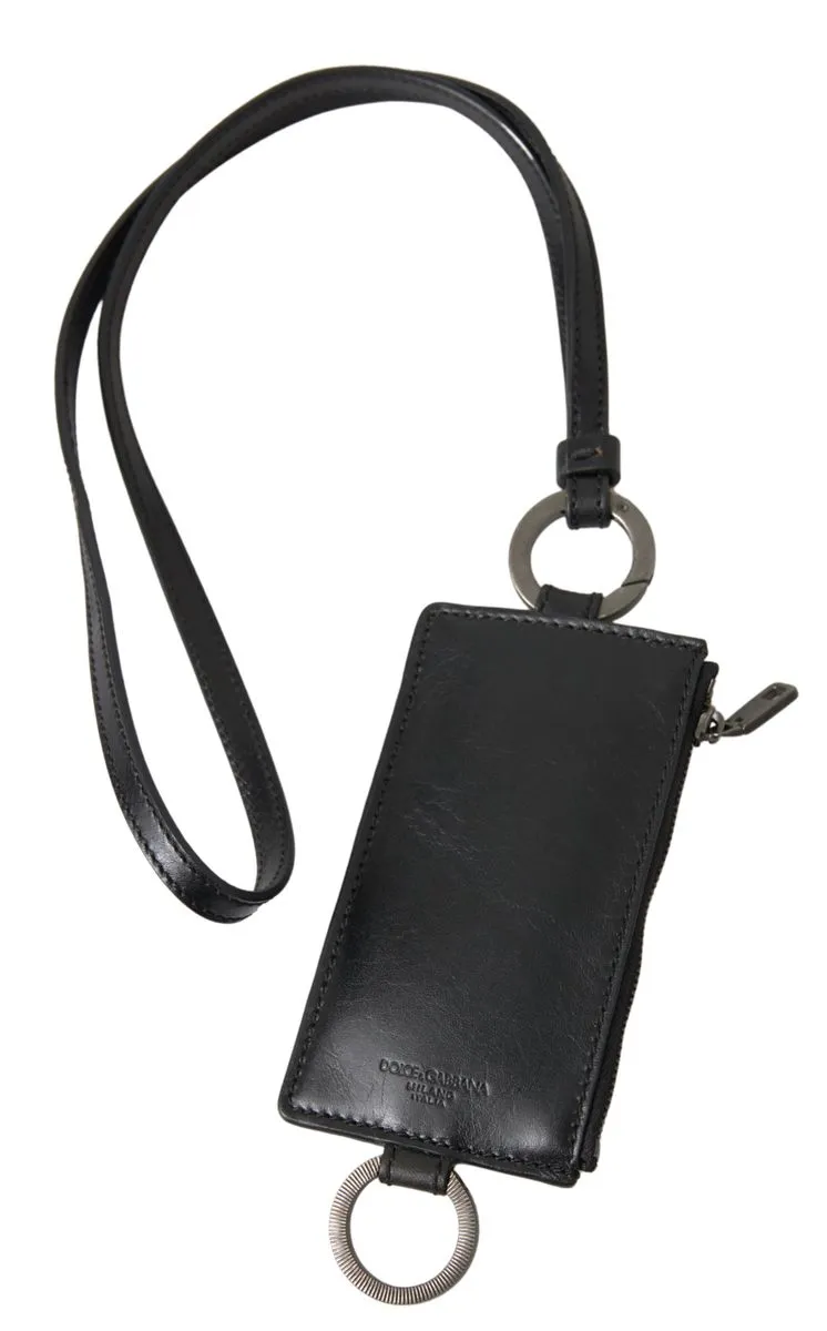 Elegant Black Leather Lanyard Cardholder