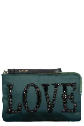 Embroidered Love Satin Clutch