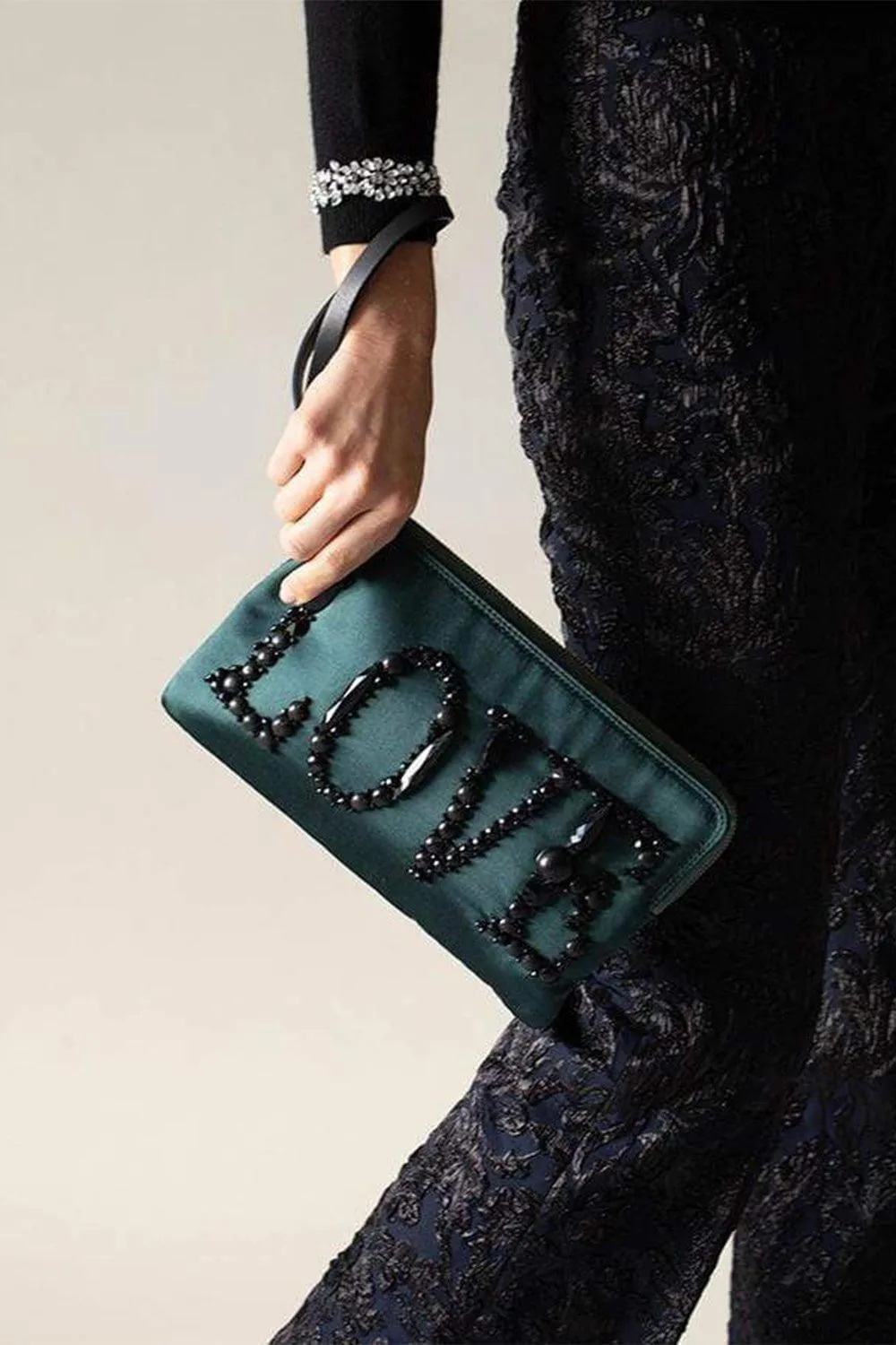 Embroidered Love Satin Clutch