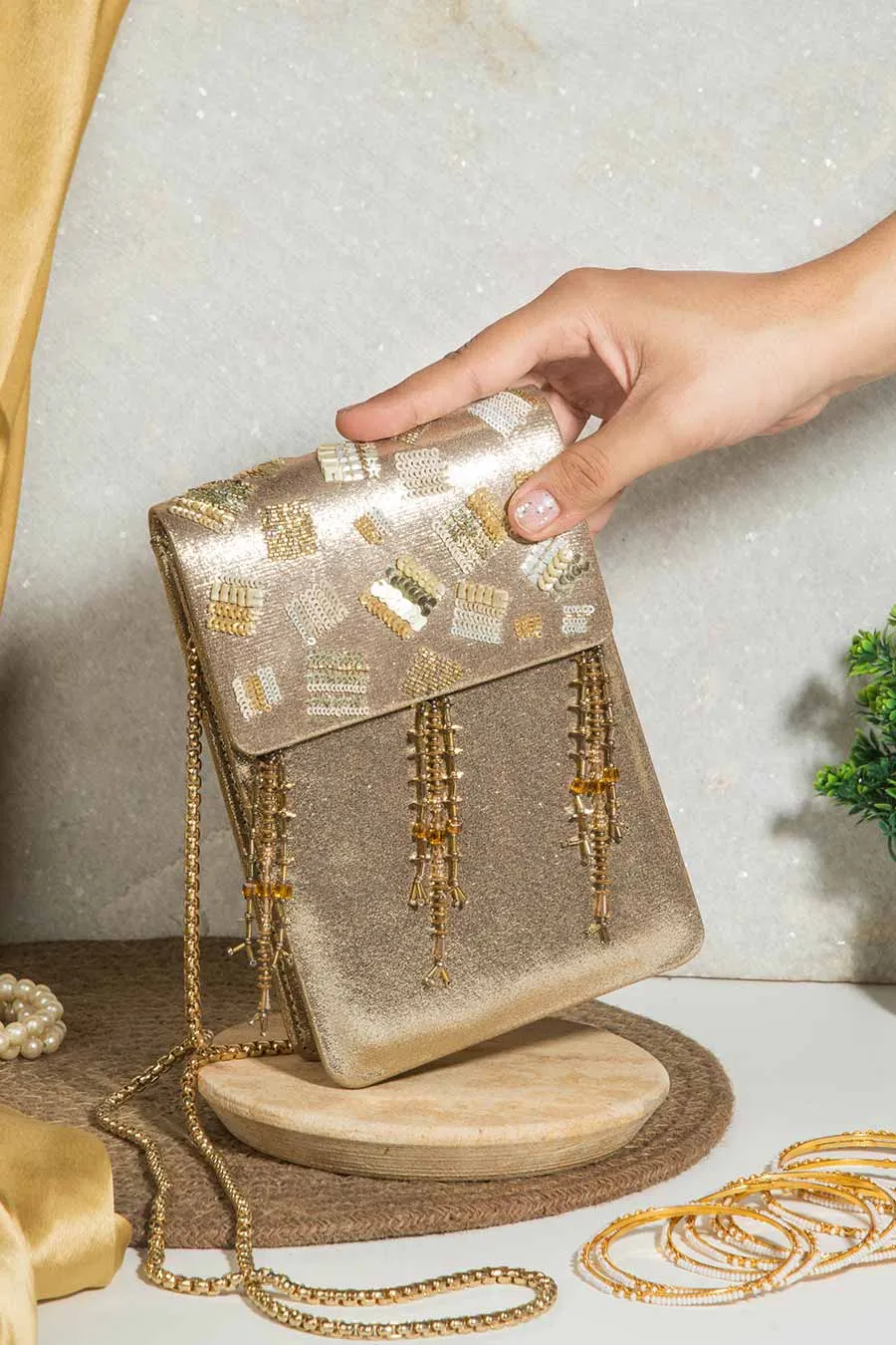 Gold Nagma Sequins Embroidered Sling Bag