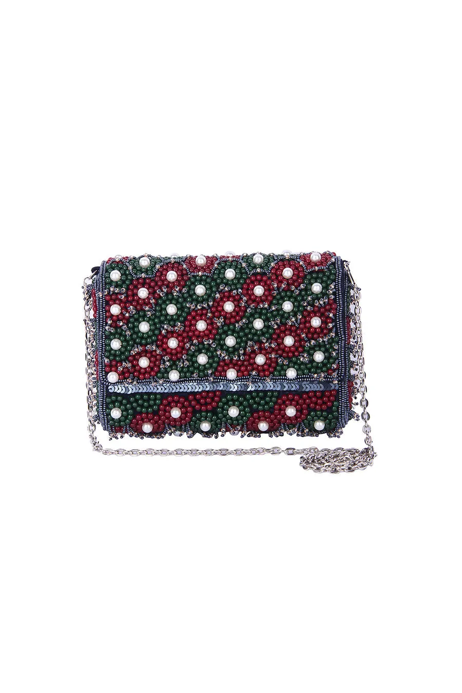 Green & Red Taahira Embroidered Clutch