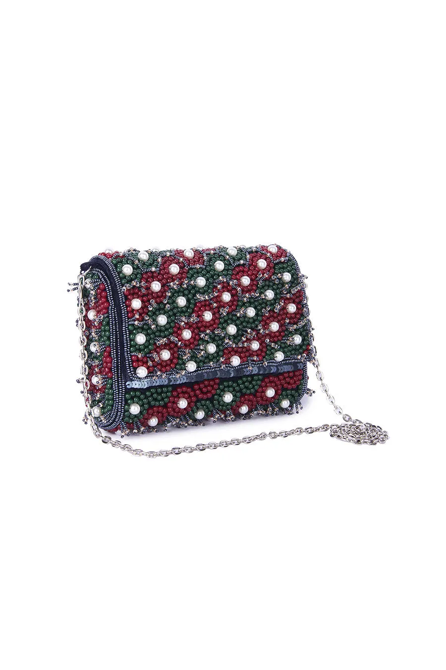 Green & Red Taahira Embroidered Clutch