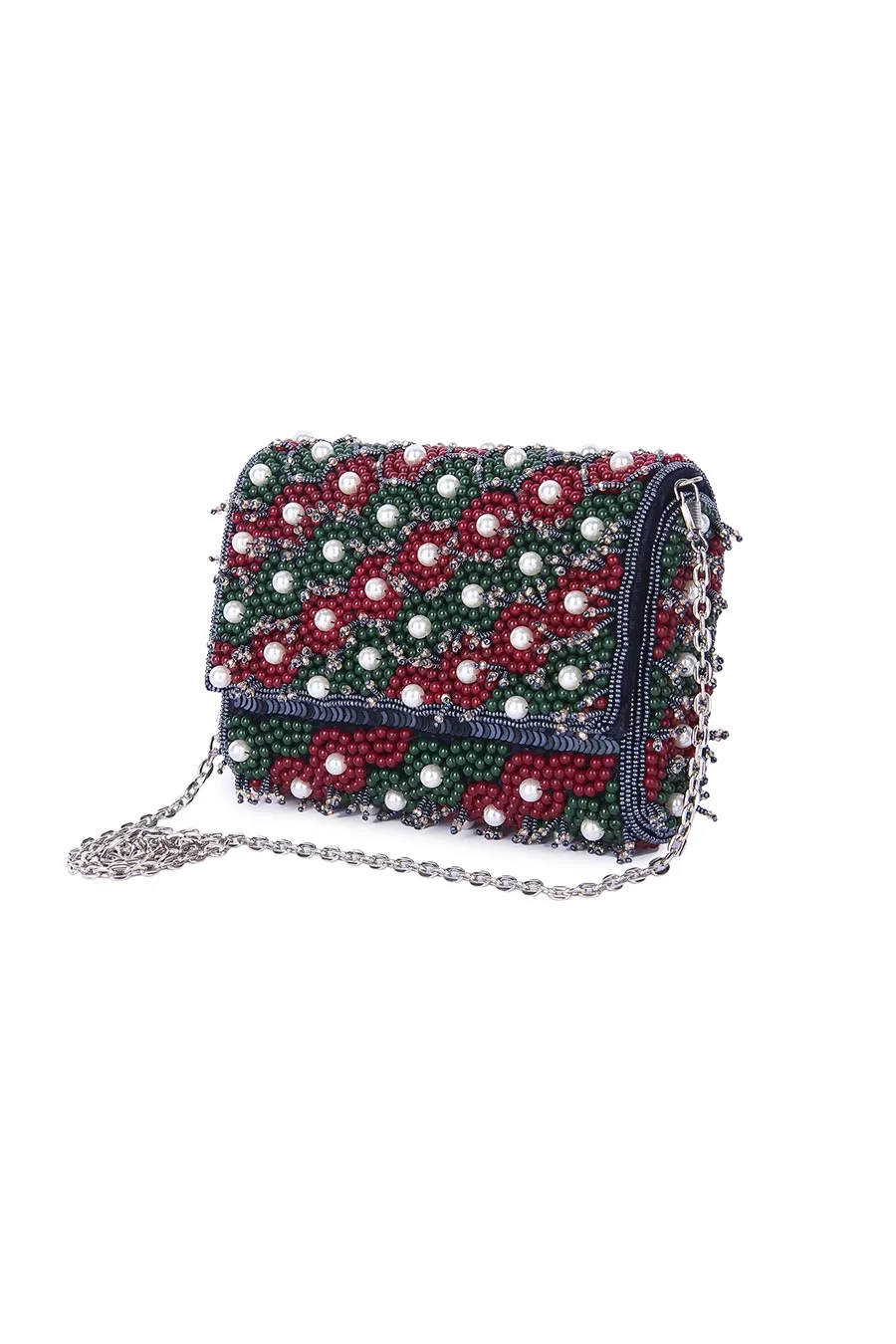 Green & Red Taahira Embroidered Clutch