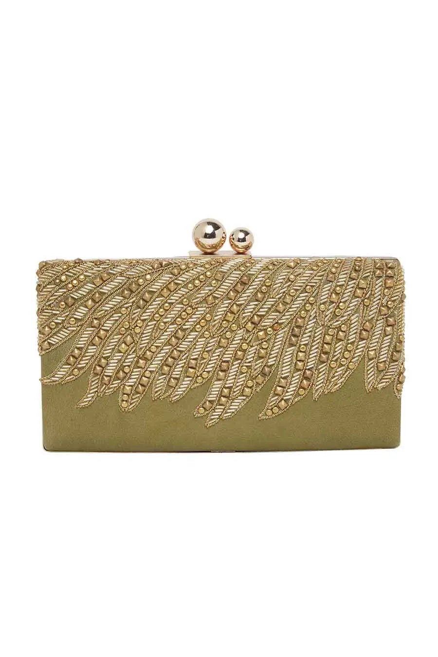 Green Embroidered Leather Clutch