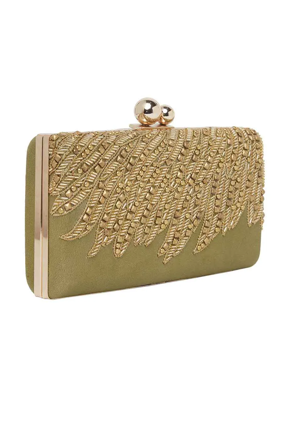 Green Embroidered Leather Clutch