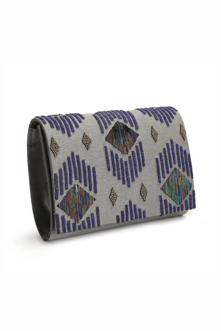 Grey Midnight Maze Hand-Embroidered Clutch