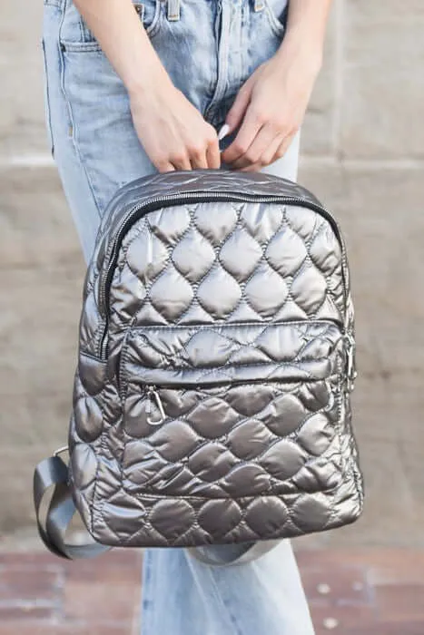 Jade Metallic Puffer Quilted Backpack