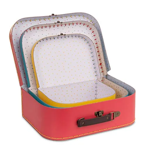 Jewelkeeper Paperboard Suitcases, Set of 3 – Nesting Storage Gift Boxes for Birthday Wedding Easter Nursery Office Decoration Displays Toys Photos – Red Turquoise Yellow