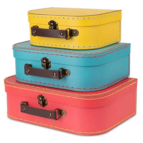 Jewelkeeper Paperboard Suitcases, Set of 3 – Nesting Storage Gift Boxes for Birthday Wedding Easter Nursery Office Decoration Displays Toys Photos – Red Turquoise Yellow