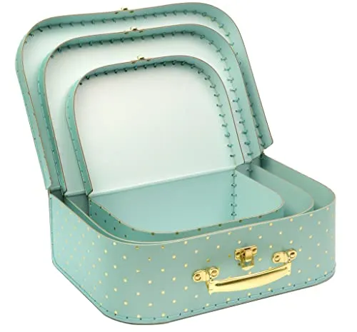 Jewelkeeper Paperboard Suitcases, Set of 3 – Nesting Storage Gift Boxes for Birthday Wedding Easter Nursery Office Decoration Displays Toys Photos – Turqoise and Gold Design