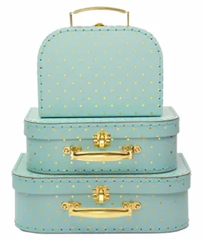 Jewelkeeper Paperboard Suitcases, Set of 3 – Nesting Storage Gift Boxes for Birthday Wedding Easter Nursery Office Decoration Displays Toys Photos – Turqoise and Gold Design