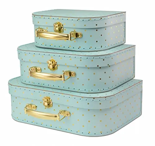 Jewelkeeper Paperboard Suitcases, Set of 3 – Nesting Storage Gift Boxes for Birthday Wedding Easter Nursery Office Decoration Displays Toys Photos – Turqoise and Gold Design