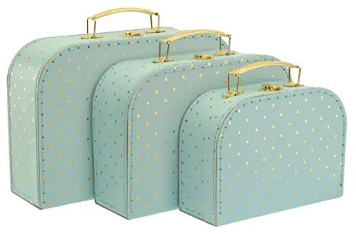 Jewelkeeper Paperboard Suitcases, Set of 3 – Nesting Storage Gift Boxes for Birthday Wedding Easter Nursery Office Decoration Displays Toys Photos – Turqoise and Gold Design