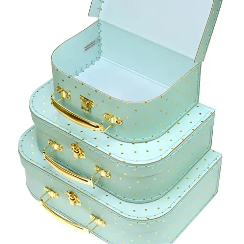 Jewelkeeper Paperboard Suitcases, Set of 3 – Nesting Storage Gift Boxes for Birthday Wedding Easter Nursery Office Decoration Displays Toys Photos – Turqoise and Gold Design