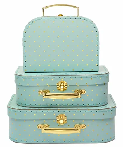 Jewelkeeper Paperboard Suitcases, Set of 3 – Nesting Storage Gift Boxes for Birthday Wedding Easter Nursery Office Decoration Displays Toys Photos – Turqoise and Gold Design